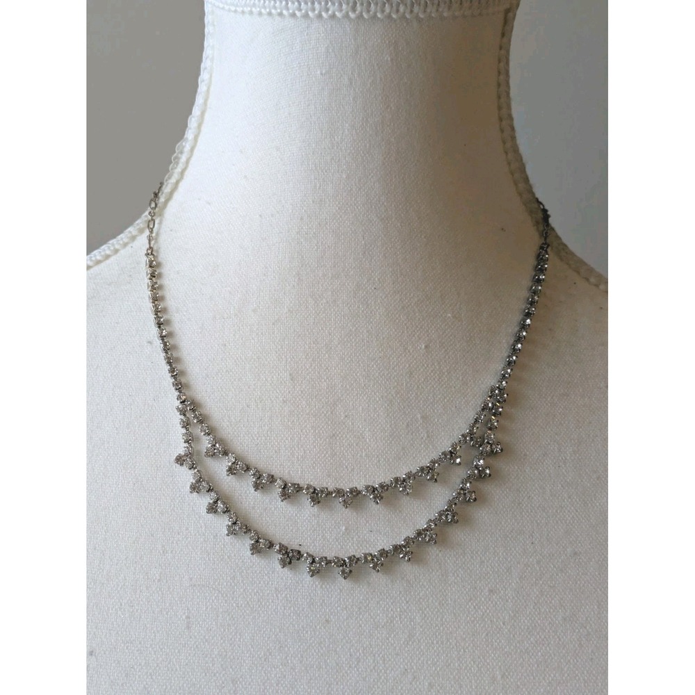 Rhinestone Necklace In Silver Tone Multi Strand Double Layer Romantic Classic
